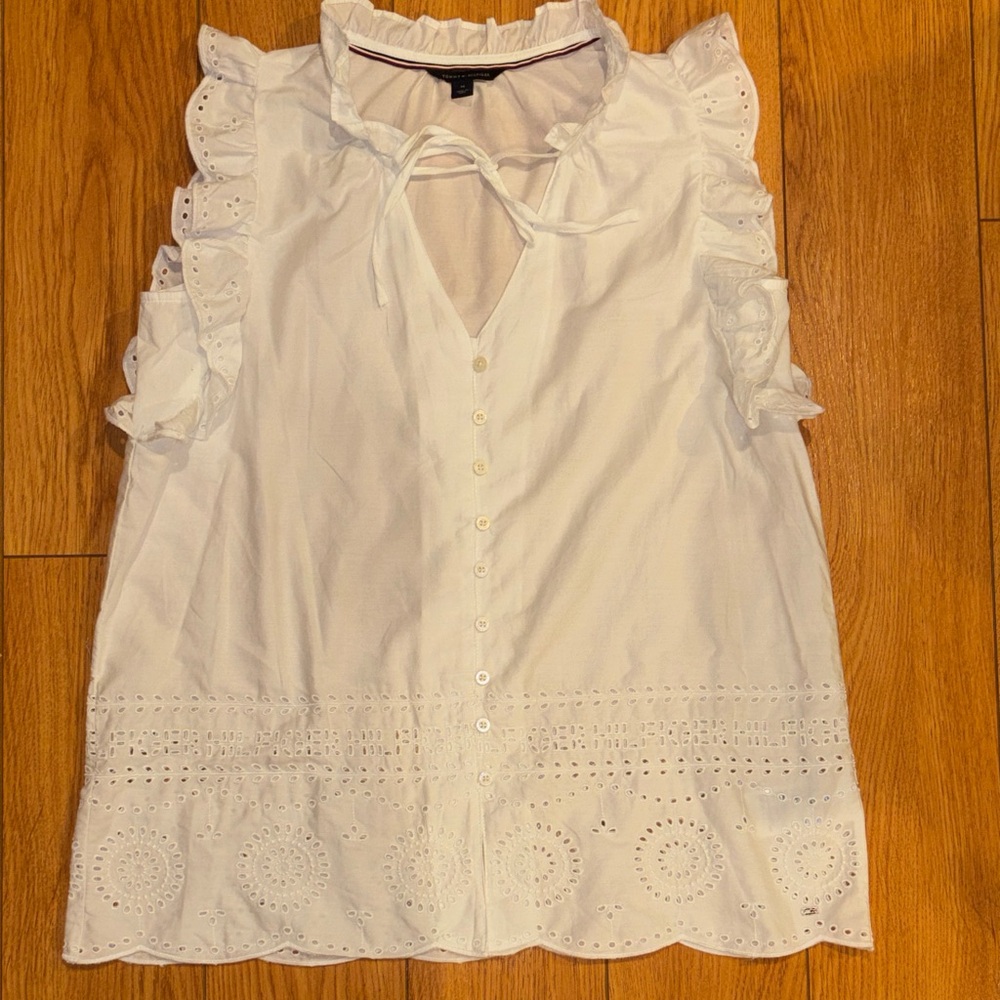 Tommy Hilfiger White Eyelet Blouse with Ruffle Sleeves NWOT